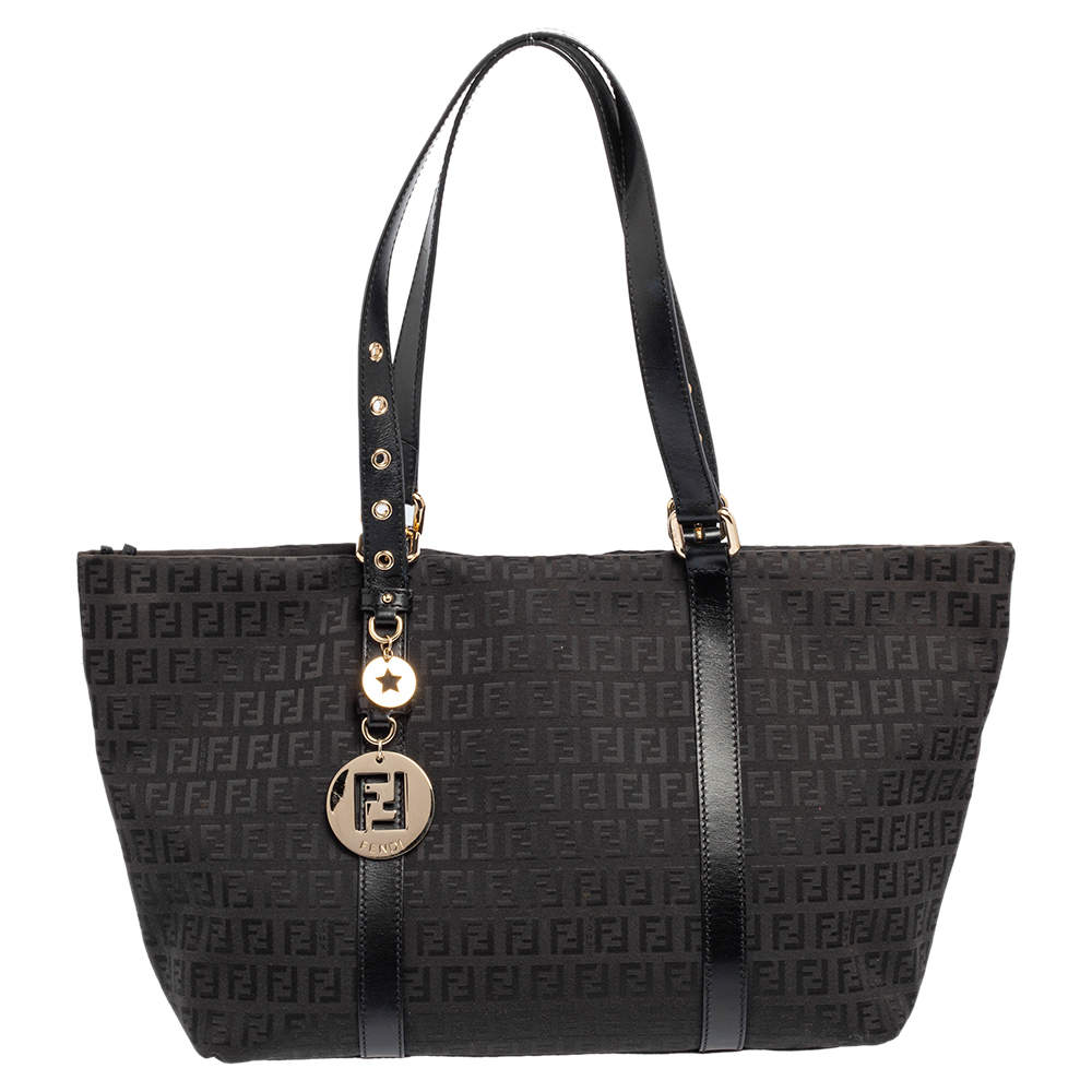 Pre Owned Fendi Black Zucchino Canvas and Leather Superstar Shopper Tote