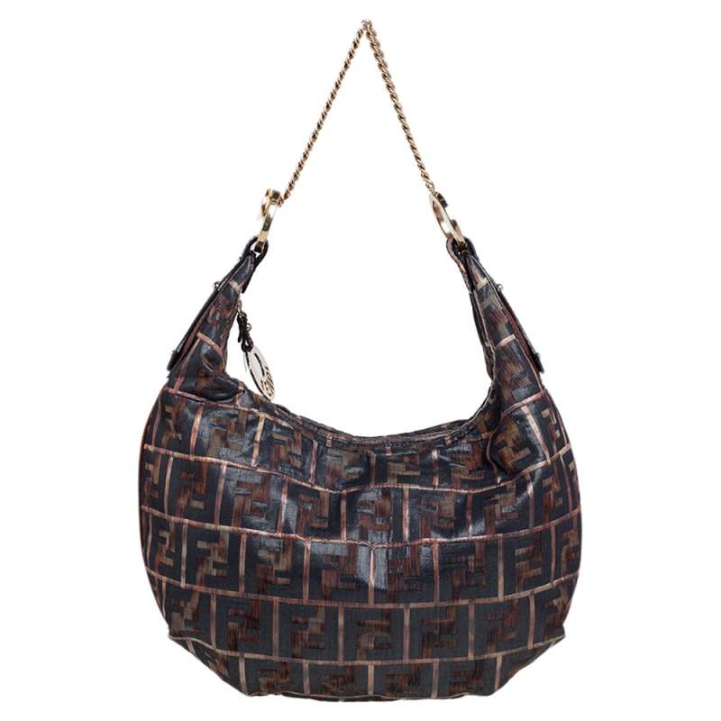 Pre Owned Fendi Multicolor Zucca Jacquard Fabric Chef Chain Link Hobo