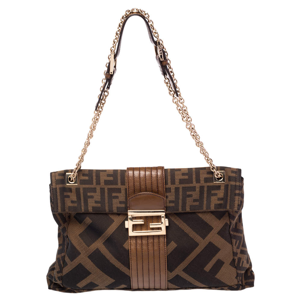 Fendi Tobacco Zucca Canvas and Leather Maxi Baguette Flap Shoulder Bag