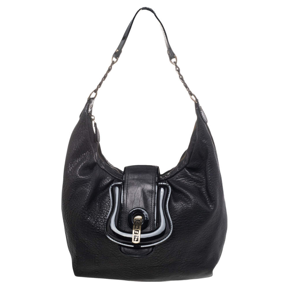 Pre Owned Fendi Black Patent Leather And Leather B Bag Hobo
