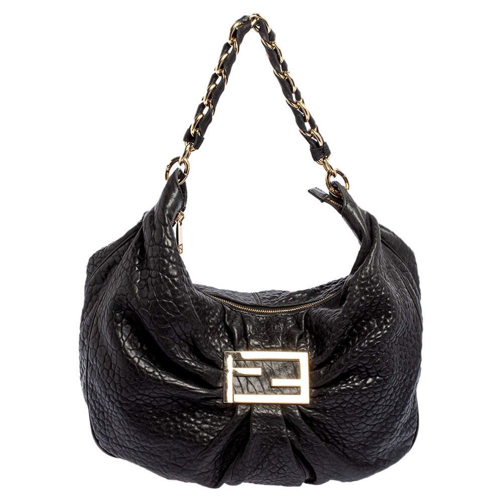 Pre Owned Fendi Black Leather Mia Hobo