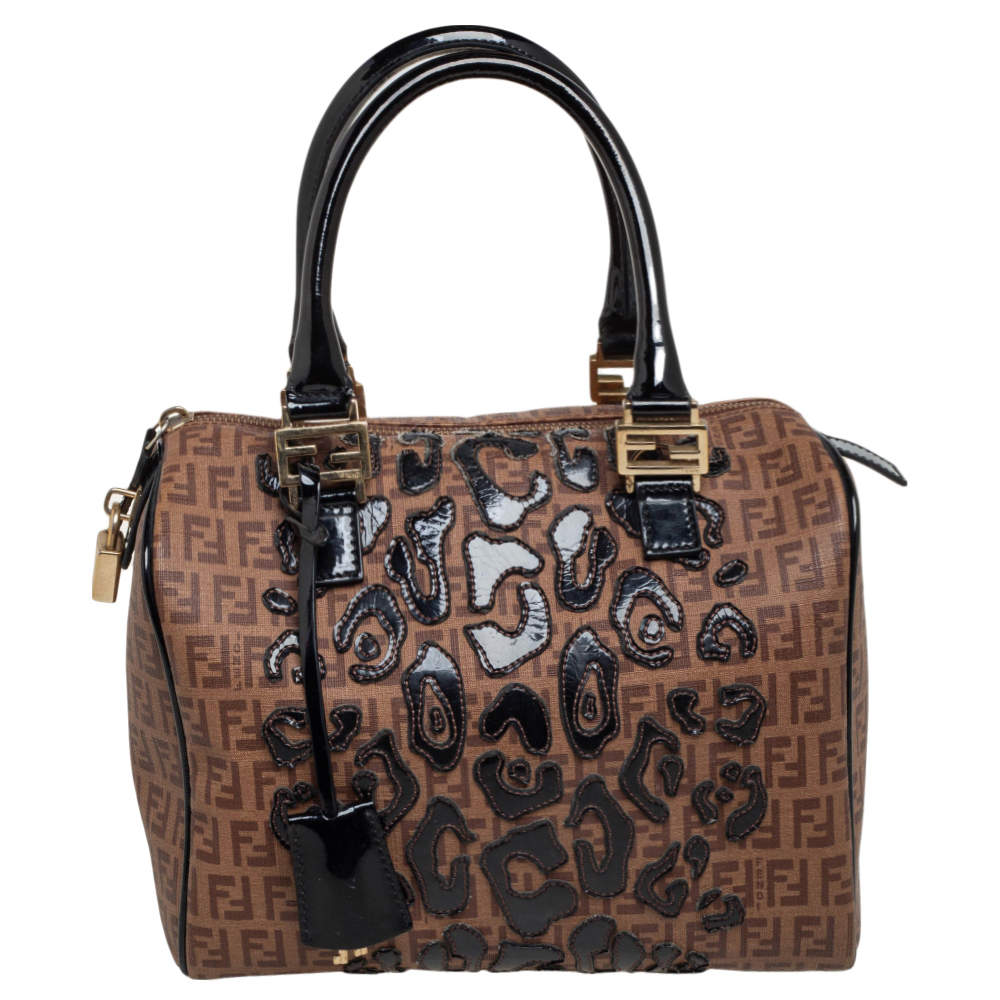 Pre Owned Fendi Tobacco Zucchino Coated Canvas And Patent Leather Boston Bag
