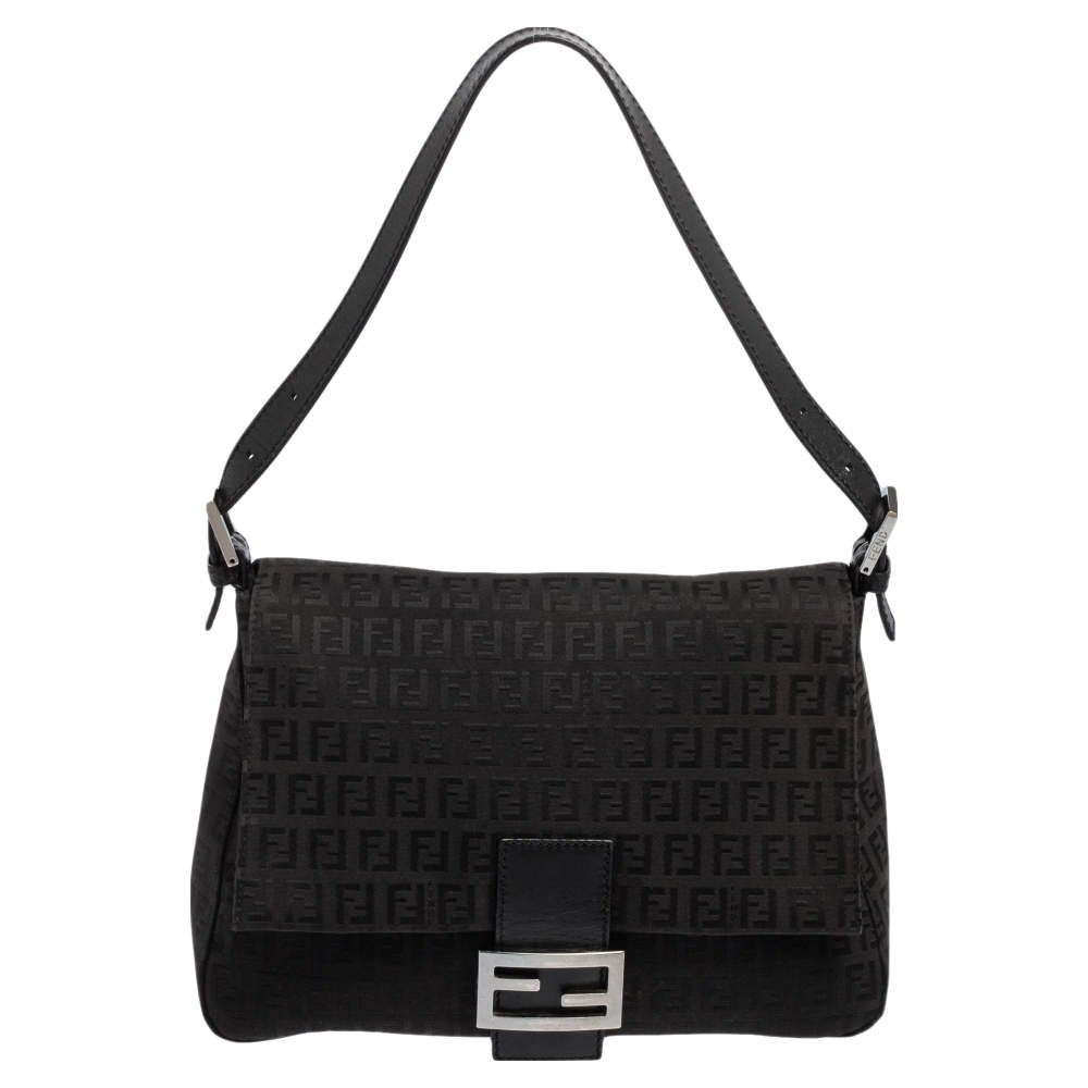 Pre Owned Fendi Black Zucchino Mama Forever Baguette Shoulder Bag