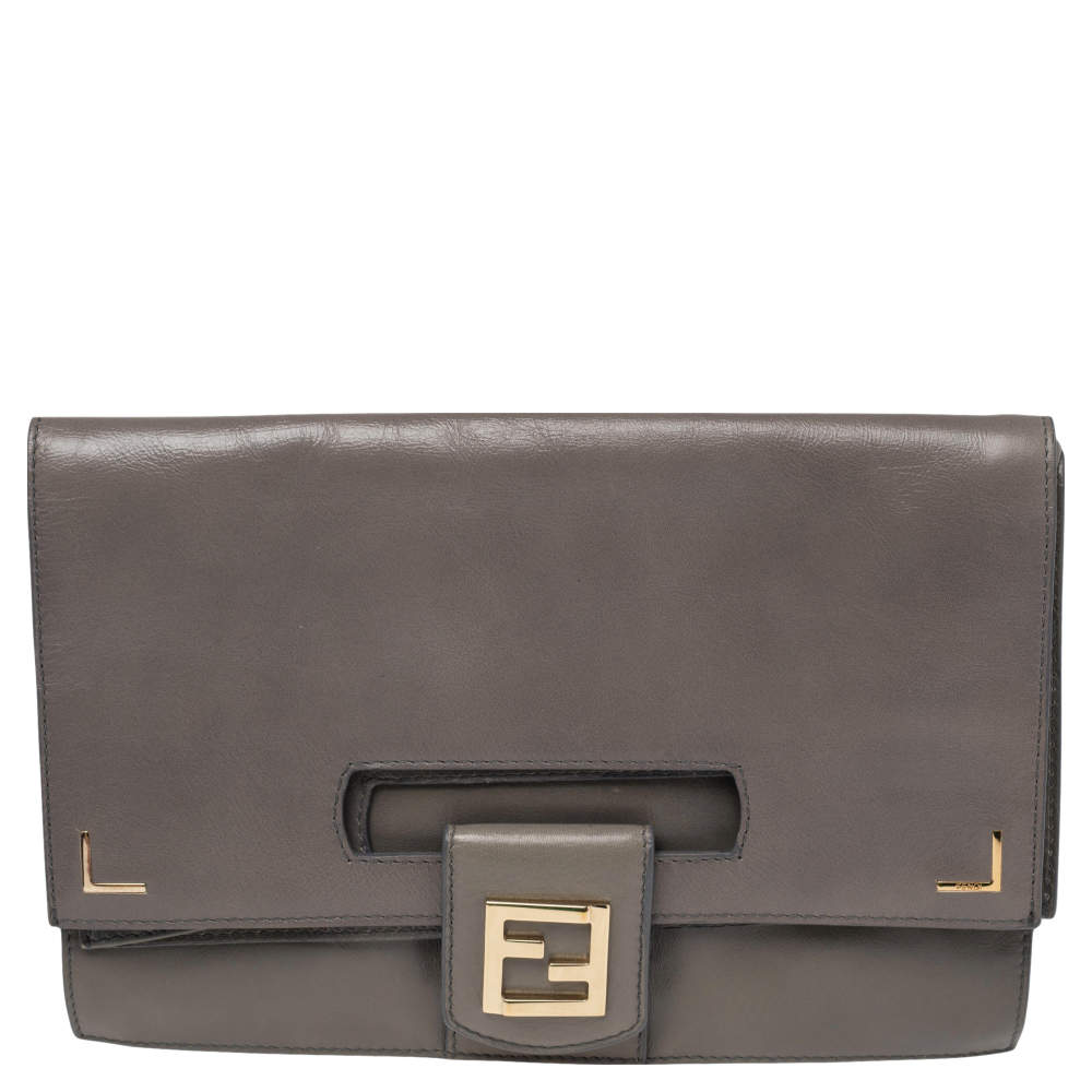 Pre Owned Fendi Grey Leather Foldover Clutch  