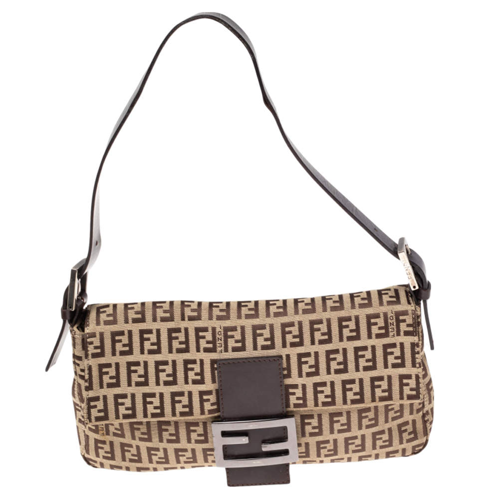 Fendi Beige/Brown Zucchino Canvas and Leather Baguette Flap Bag