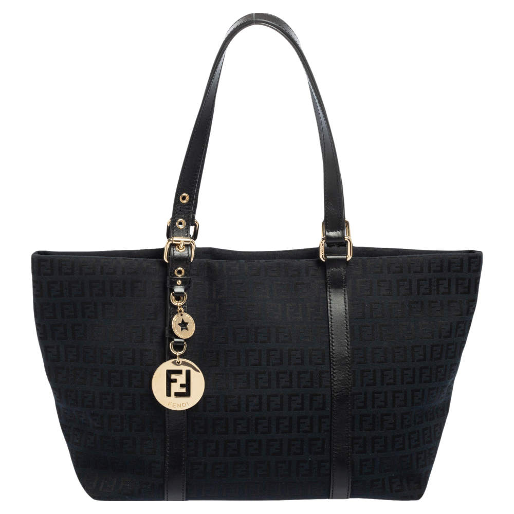 Pre Owned Fendi Black Zucchino Canvas And Leather Superstar Shopper Tote