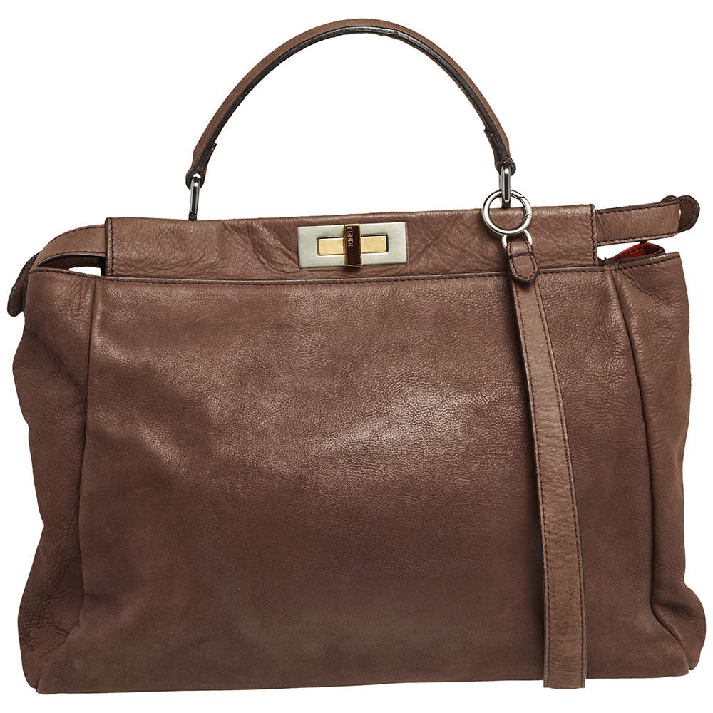 Pre Owned Fendi Brown Leather and Python Lining Large Peekaboo Top Handle Bag