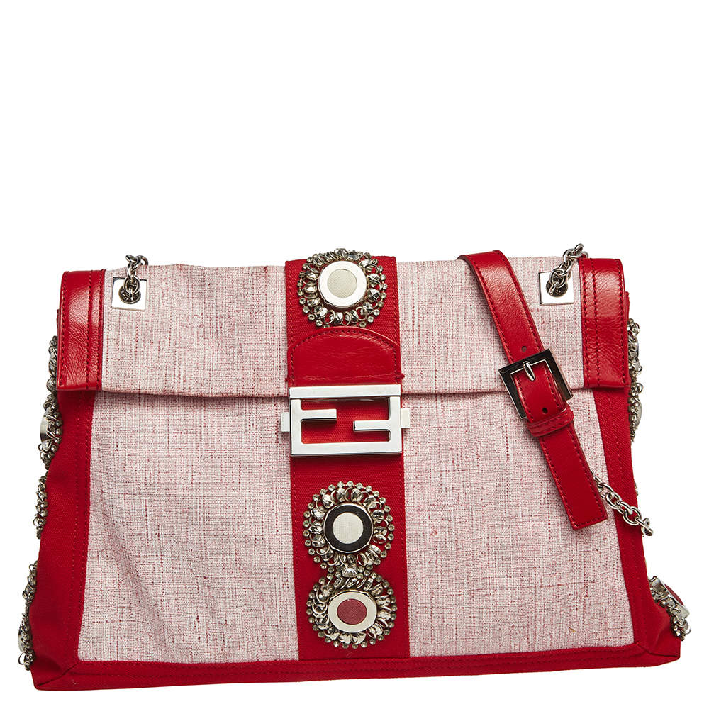 Fendi Red Canvas and Leather Trim Maxi Baguette Embellished Flap Shoulder Bag