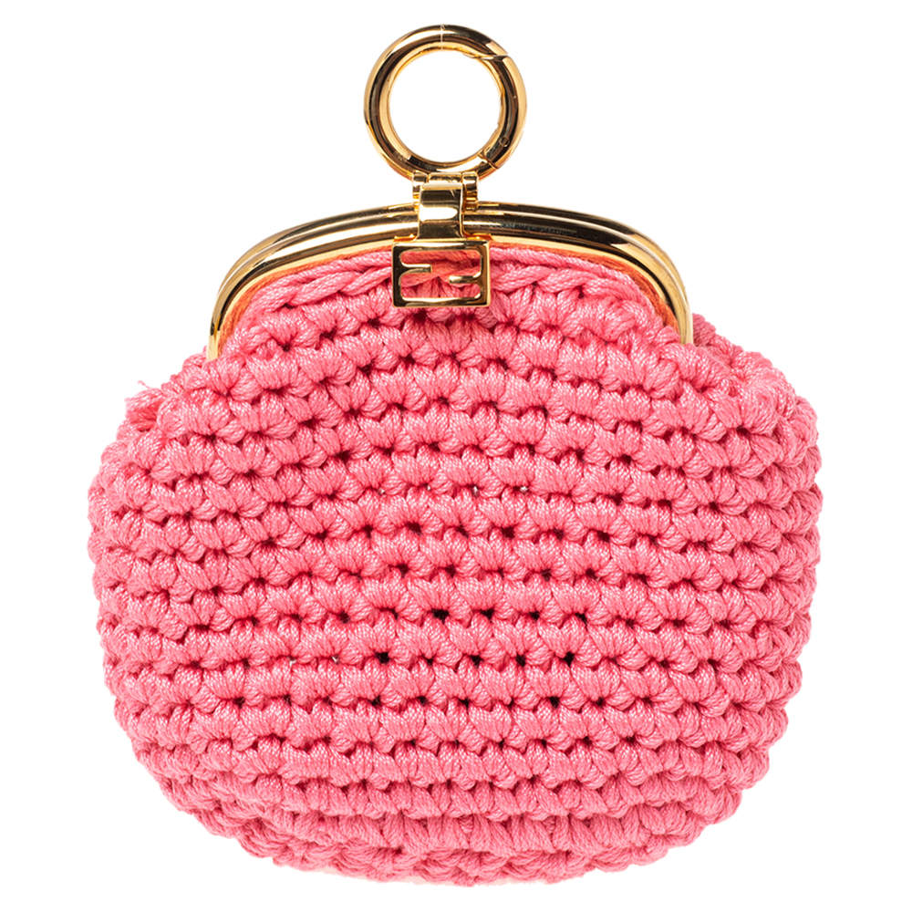 Pre Owned Fendi Pink Woven Fabric Framed Coin Purse 