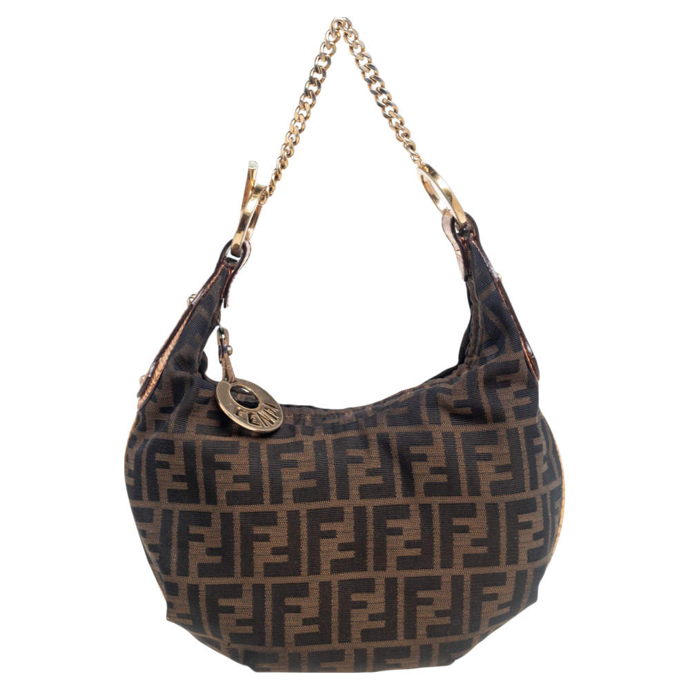 Pre Owned Fendi Tobacco Zucca Canvas and Textured Leather Chef Chain Link Hobo