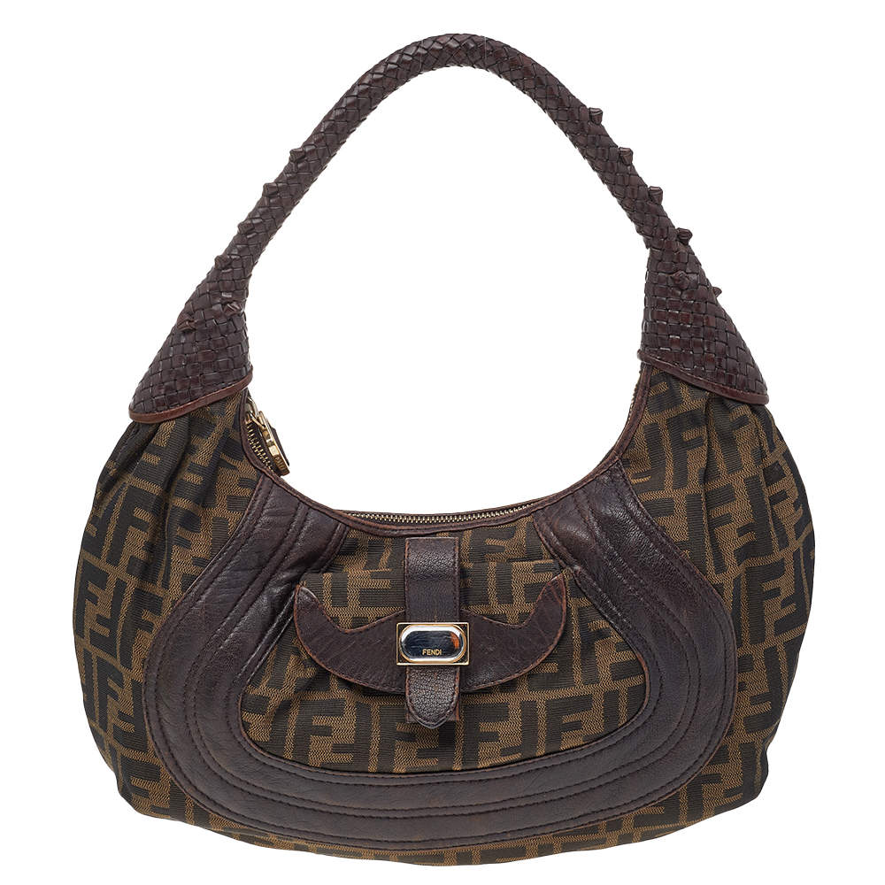Pre Owned Fendi Tobacco Zucca Canvas And Leather Spy Hobo