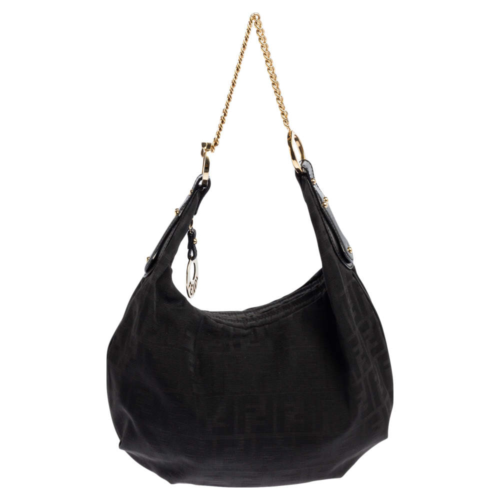Pre Owned Fendi Black Zucca Canvas and Leather Chef Chain Link Hobo