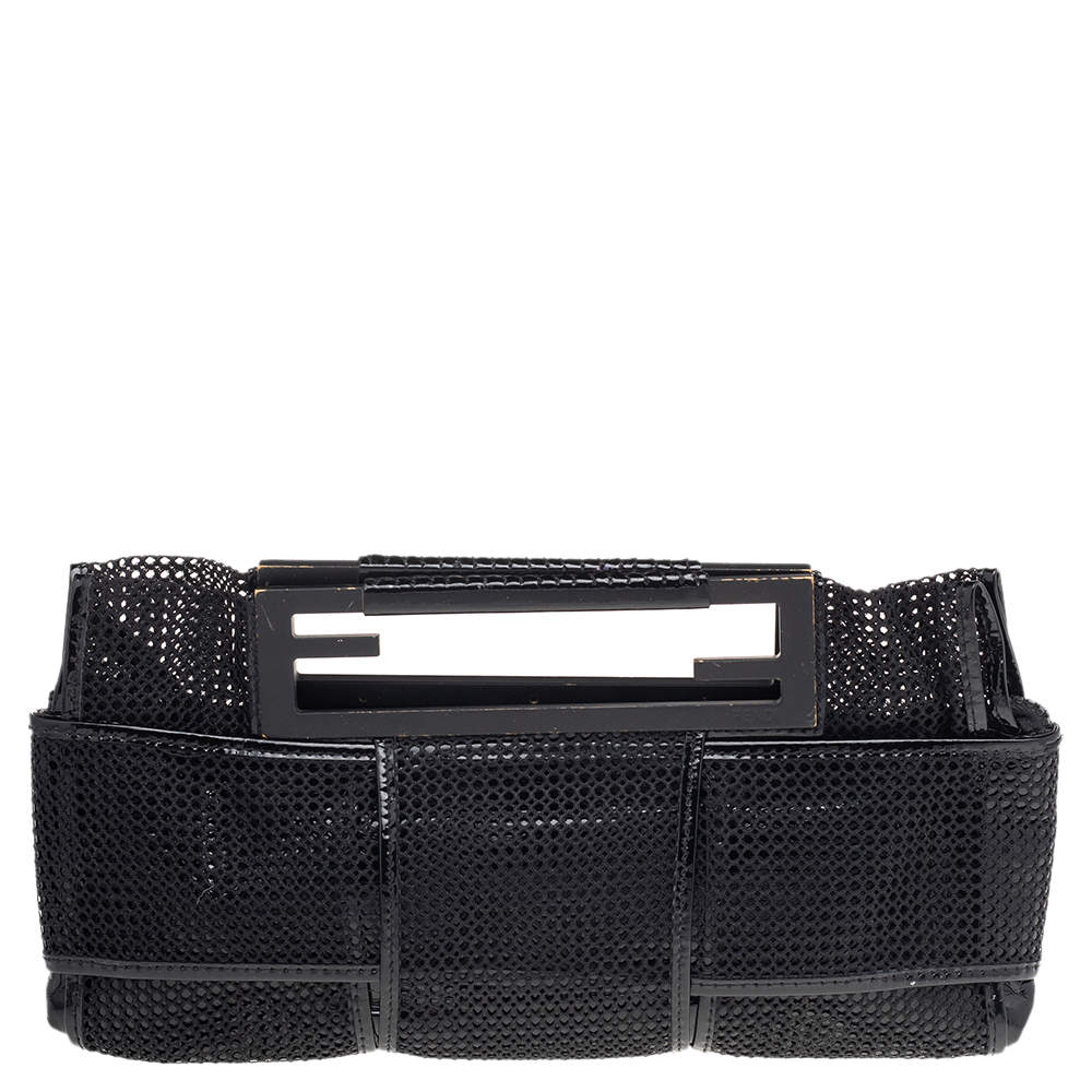 Pre Owned Fendi Black Mesh And Patent Leather Cutout Handle Clutch