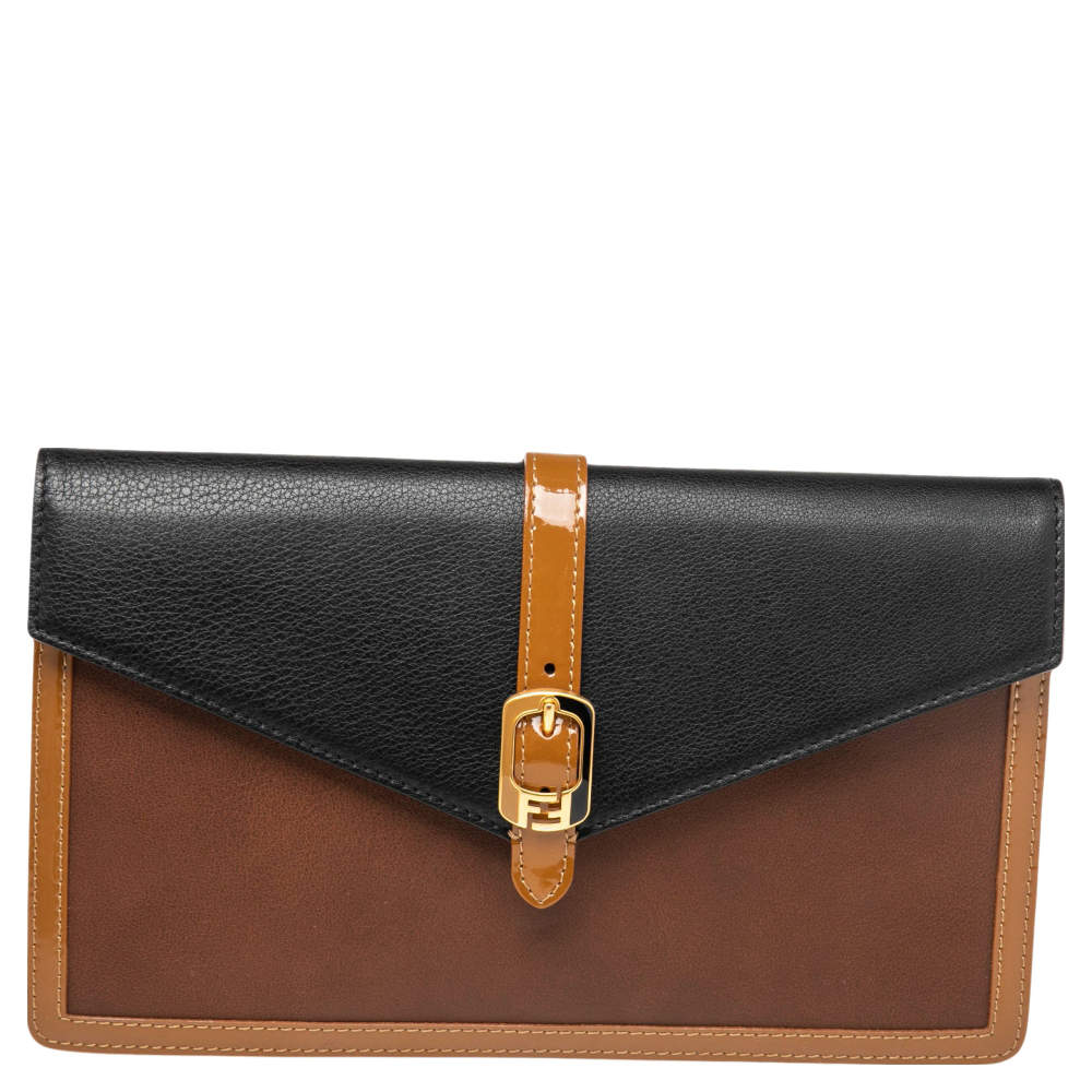 Pre Owned Fendi Tricolor Leather and Patent Leather Trim Fendista Envelope Clutch