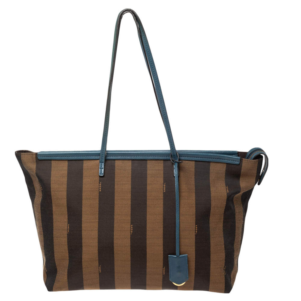 Fendi Blue/Tobacco Pequin Canvas and Leather Roll Tote