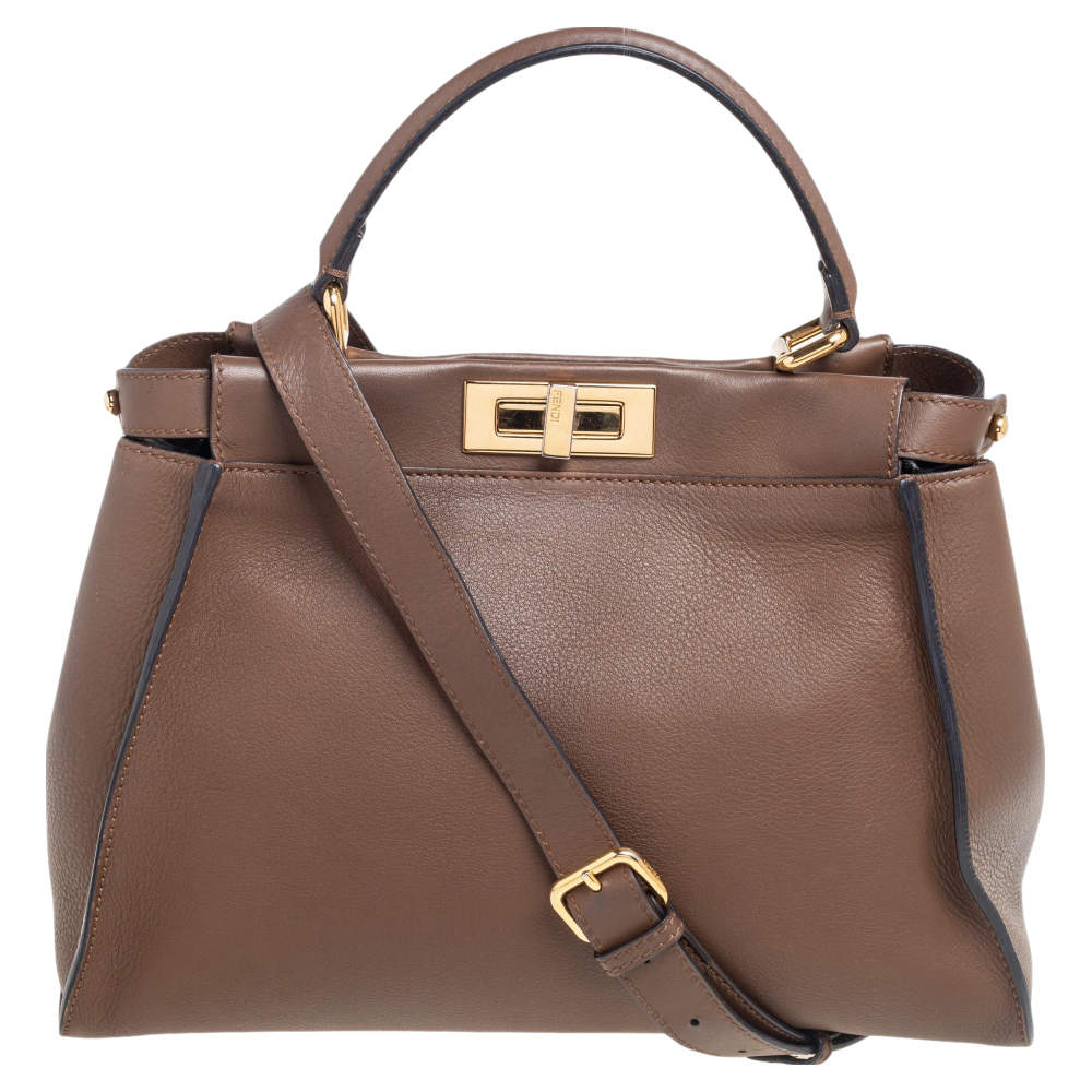 Pre Owned Fendi Dark Brown Leather Medium Peekaboo Top Handle Bag