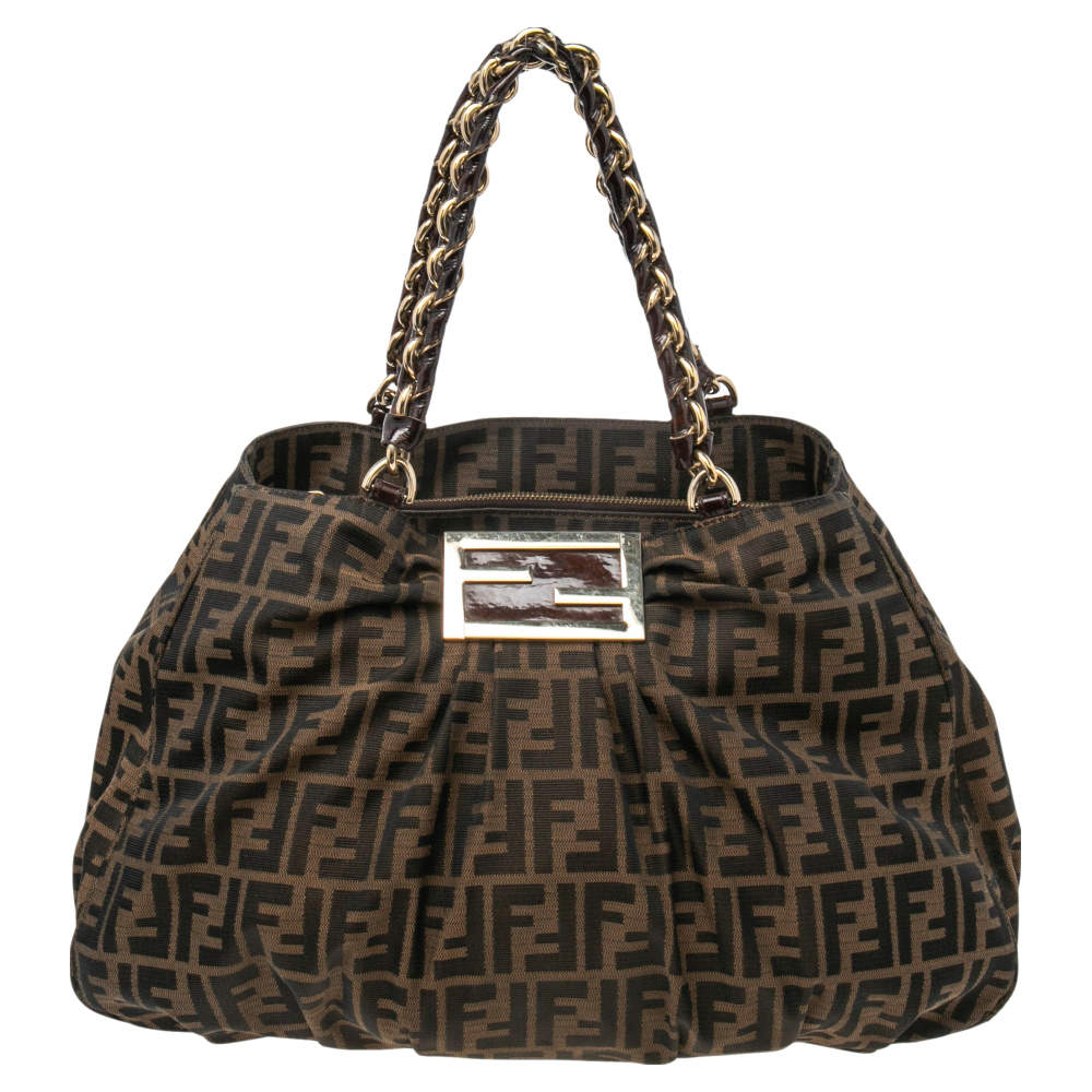 Pre Owned Fendi Tobacco Zucca Canvas And Patent Leather Mia Chain Tote