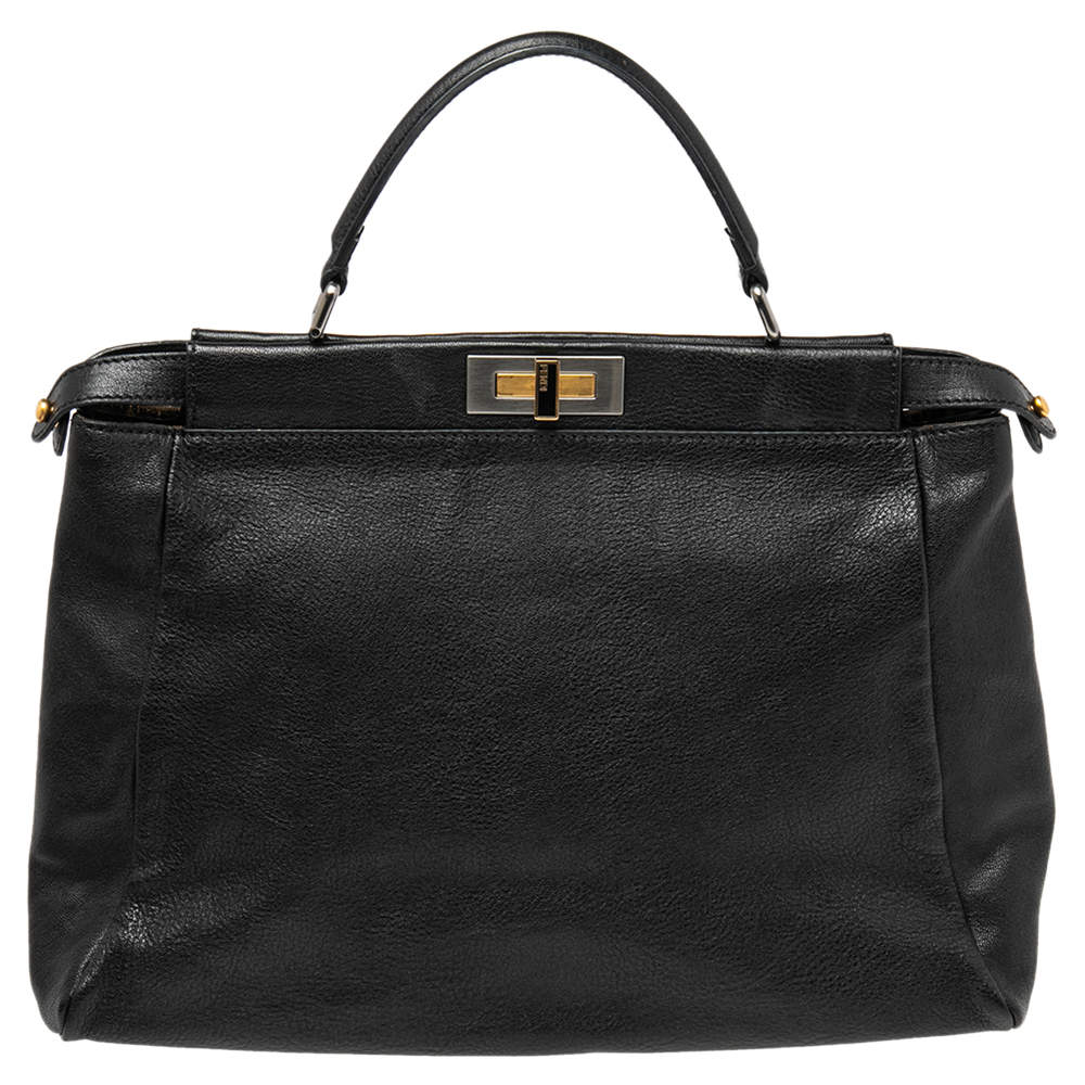 Pre Owned Fendi Black Leather Large Peekaboo Top Handle Bag