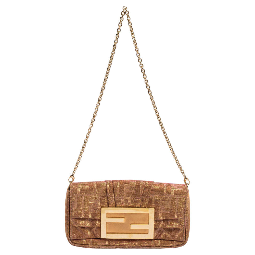 Pre Owned Fendi Gold/Pink Iridescent Lurex Fabric Mia Pochette Bag