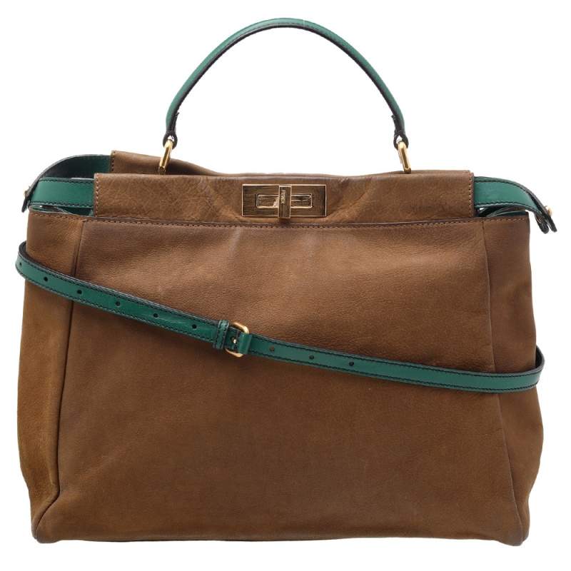Pre Owned حقيبة فندي بيكابو جلد بني/أخضر كبيرة بيد علوية