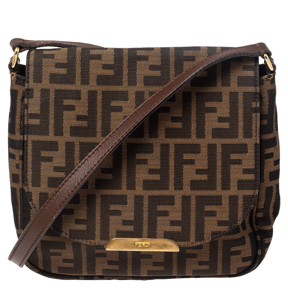 Pre Owned Fendi Tobacco Zucca Canvas and Leather Flap Crossbody Bag