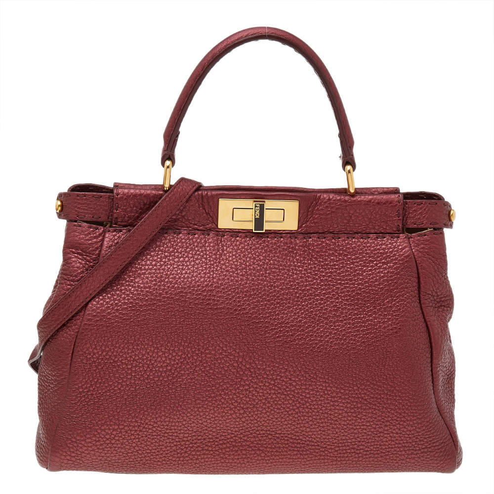 Pre Owned Fendi Metallic Ruby Red Selleria Leather Medium Peekaboo Top Handle Bag