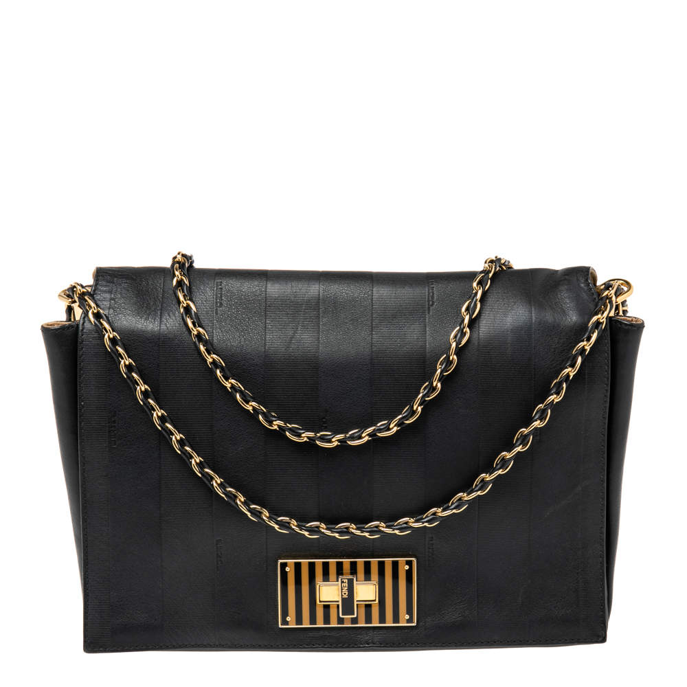 Pre Owned Fendi Black Pequin Leather Large Claudia Shoulder Bag