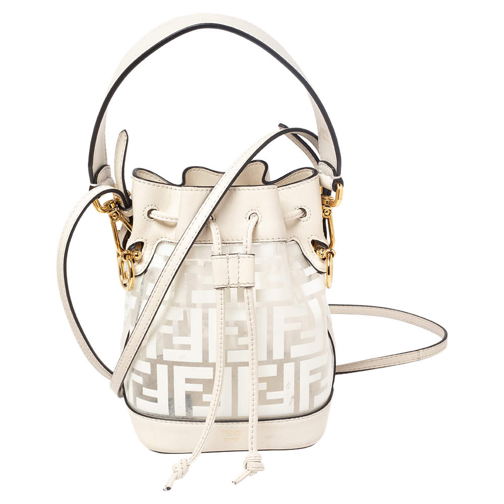 Pre Owned Fendi White Zucca PVC and Leather Mini Mon Tresor Drawstring Bucket Bag