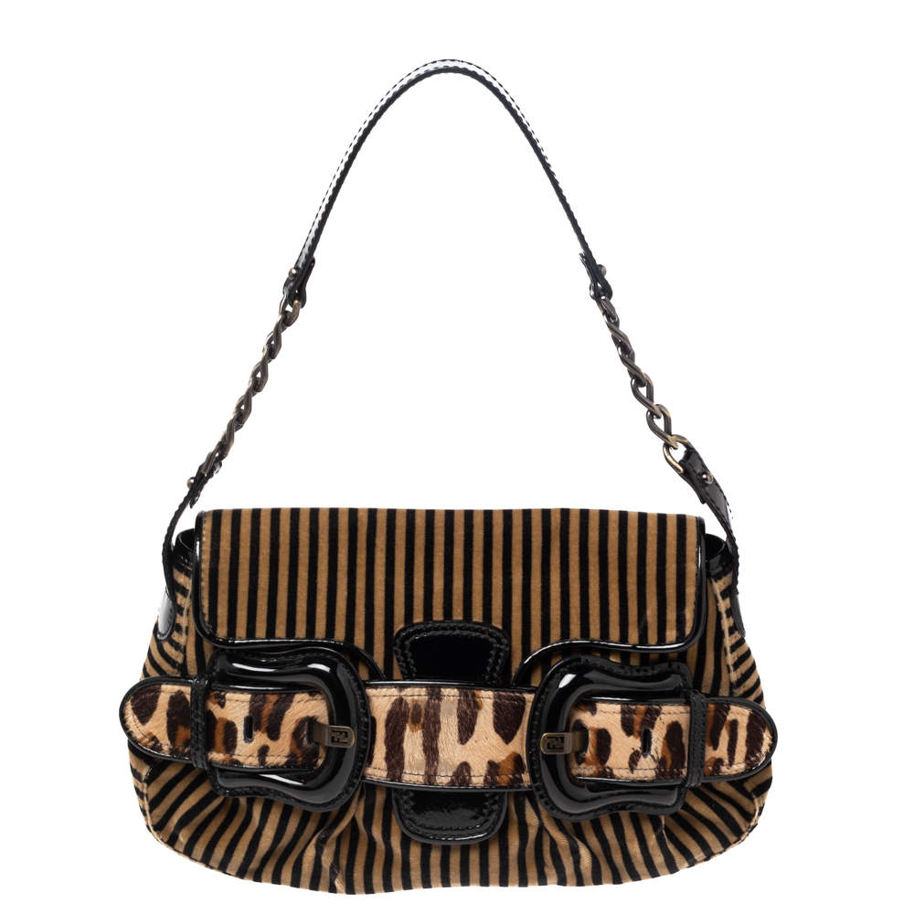 Pre Owned Fendi Brown/Black Striped Velvet and Calfhair B Bis Shoulder Bag