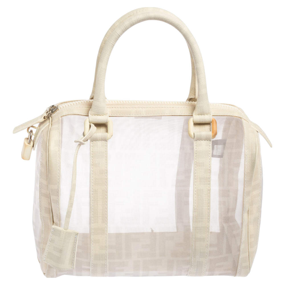 Fendi White Zucca Mesh and Coated Canvas Bauletto Boston Bag