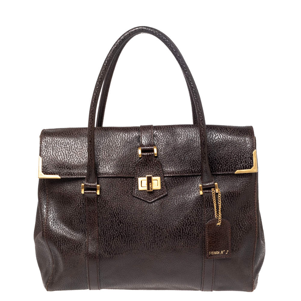 Pre Owned Fendi Mocha Brown Textured Leather Linda Tote