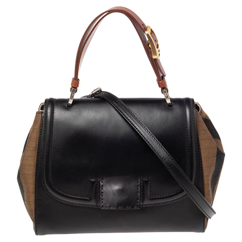 Pre Owned Fendi Black/Tobacco Penguin Stripe Canvas and Leather Silvana Top Handle Bag
