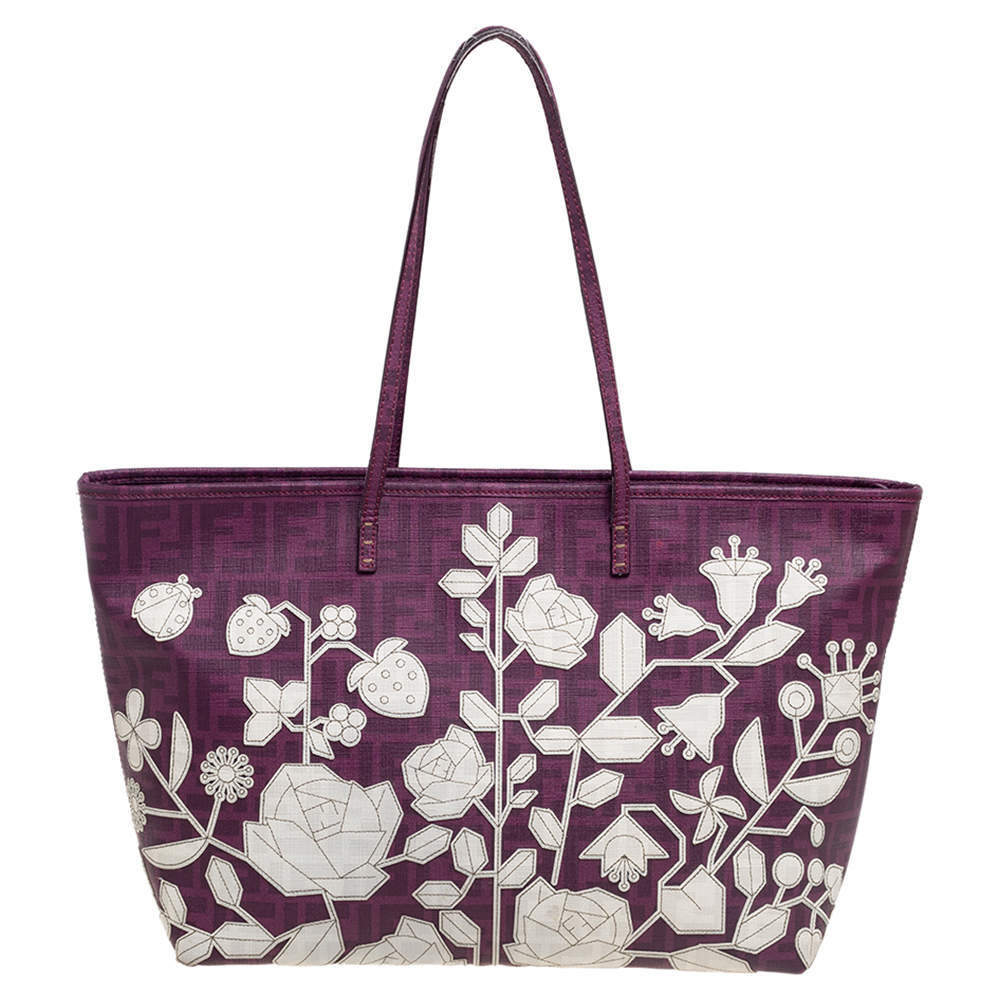 Pre Owned Fendi Purple Zucca Coated Canvas Floral Embroidered Roll Tote