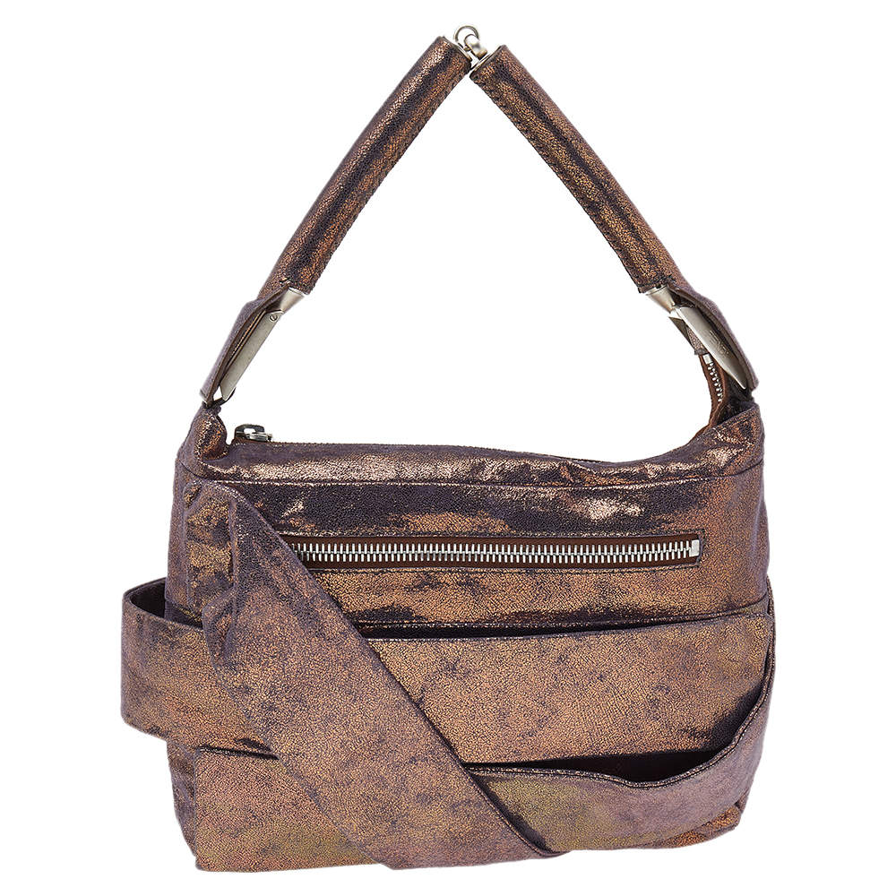 Pre Owned Fendi Metallic Purple Iridescent Leather Pleated Shoulder Bag