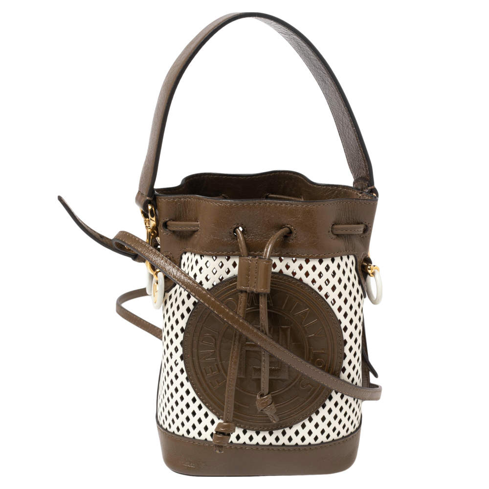 Pre Owned Fendi Khaki Green/White Perforated Leather Mini Mon Tresor Drawstring Bucket Bag
