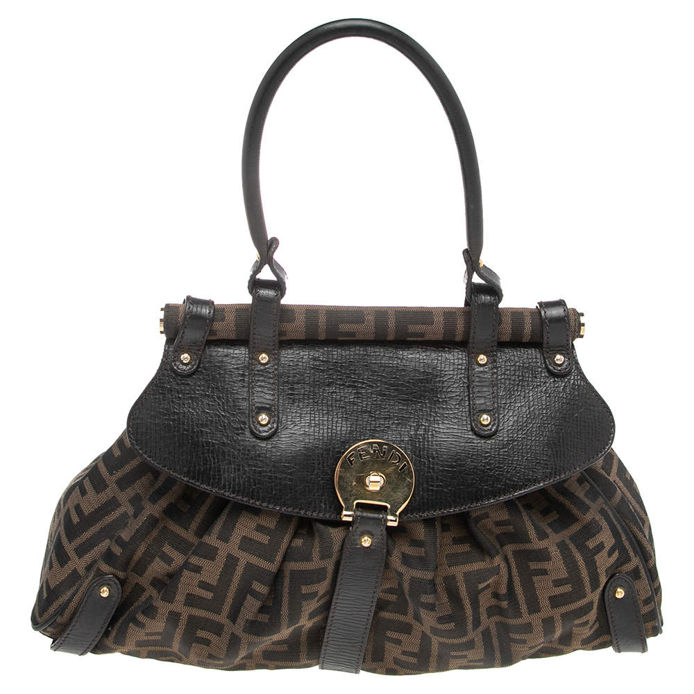Pre Owned Fendi Tobacco Zucca Canvas and Leather Magic Top Handle Bag