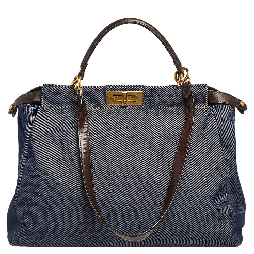 Pre Owned Fendi Blue/Brown Denim and Leather Large Peekaboo Top Handle Bag