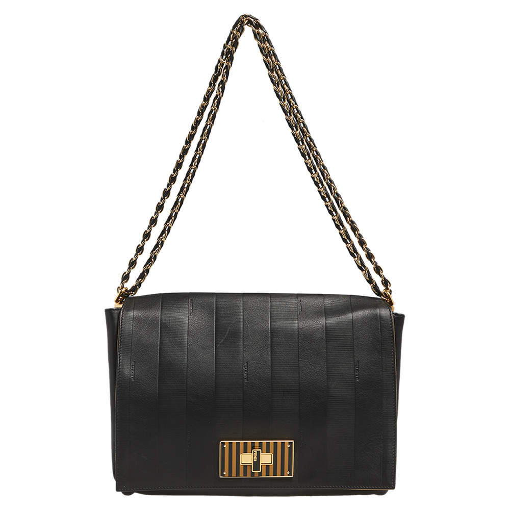 Pre Owned Fendi Black Leather Pequin Large Claudia Shoulder Bag