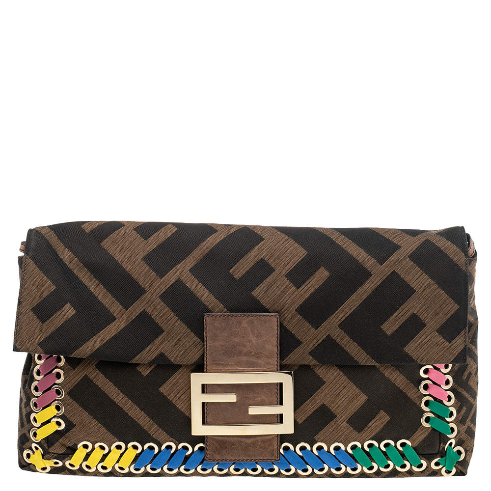 Pre Owned Fendi Tobacco Zucca Canvas and Leather Whipstitch Baguette Oversize Flap Clutch