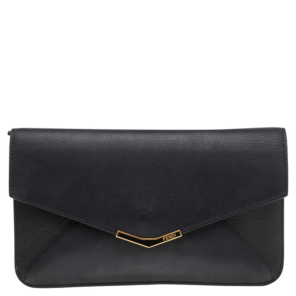 Pre Owned Fendi Black Leather 2 Jours Envelope Clutch
