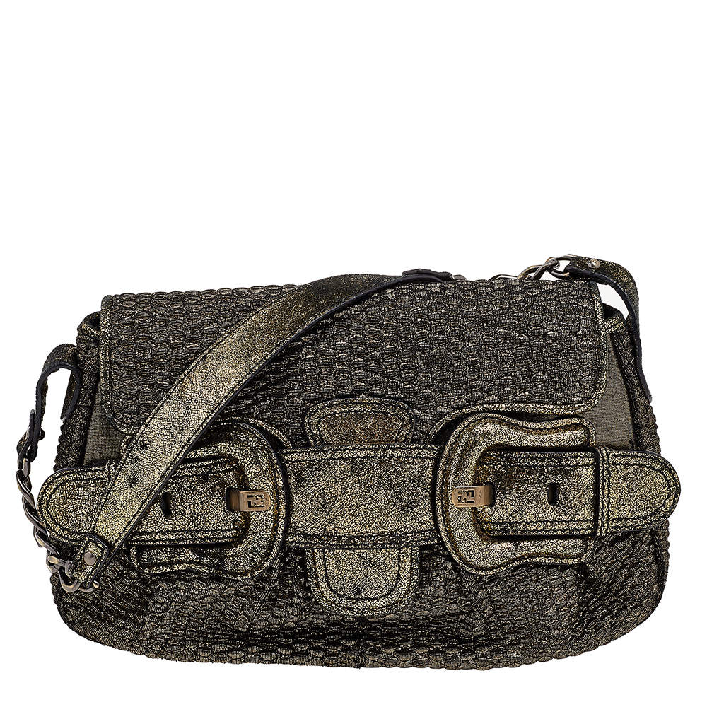 Pre Owned Fendi Metallic Gold Fabric Mini B Shoulder Bag