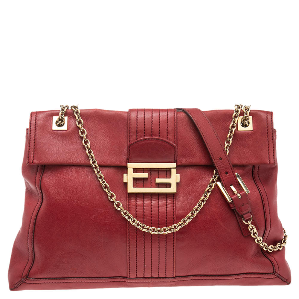 Pre Owned حقيبة كتف فندي ماكسي باغويت جلد أحمر بقلاب