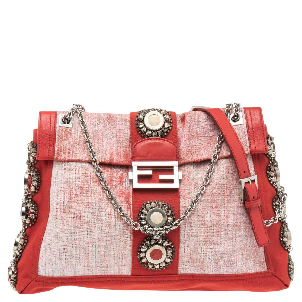 Fendi Red/White Canvas and Leather Maxi Baguette Embellished Shoulder Bag