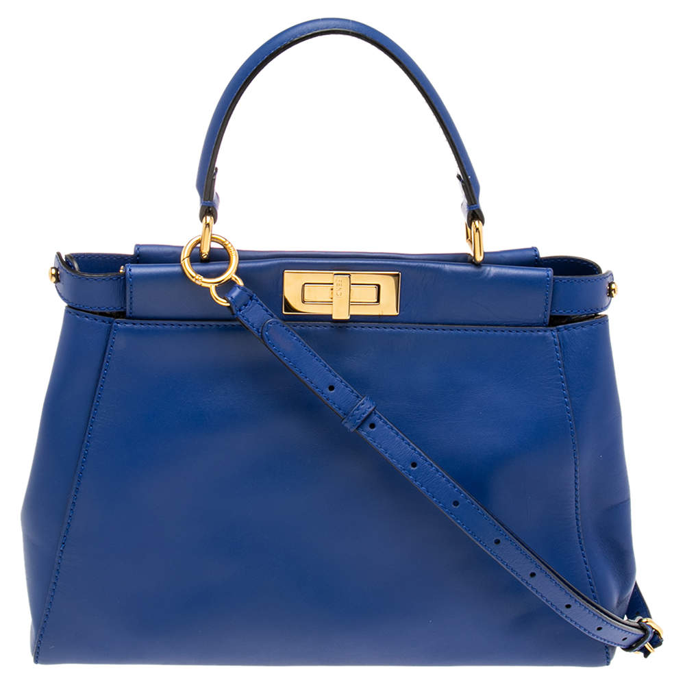 Pre Owned Fendi Blue Leather Medium Peekaboo Top Handle Bag