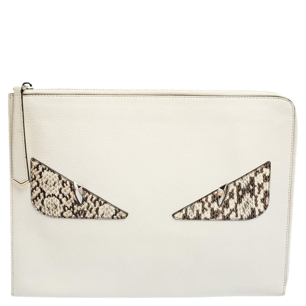 Pre Owned Fendi White/Grey Snakeskin & Leather Monster Flat Clutch