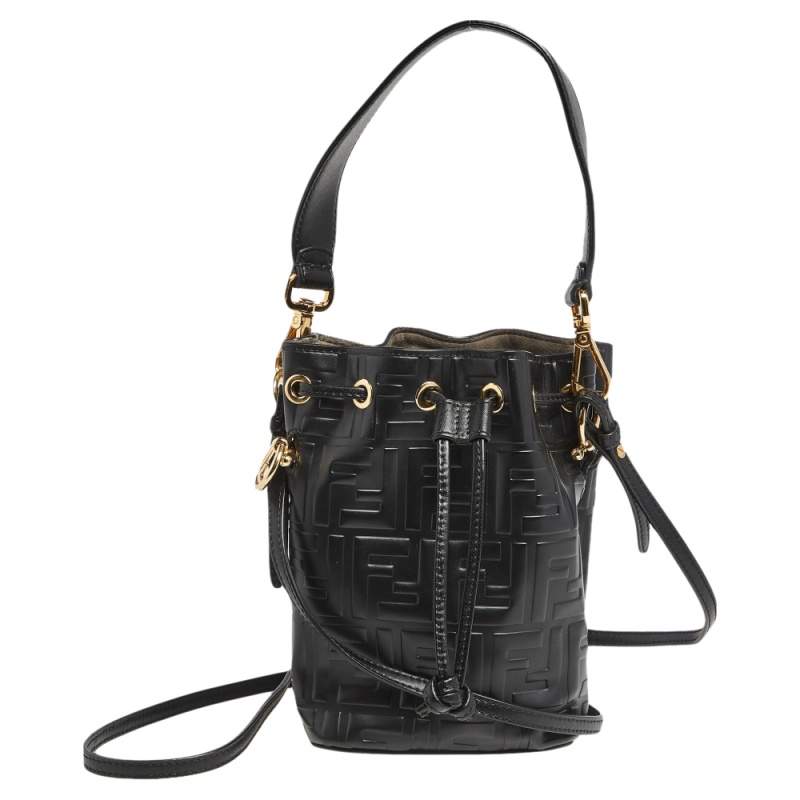 Pre Owned Fendi Black Zucca Leather Mini Mon Tresor Drawstring Bucket Bag
