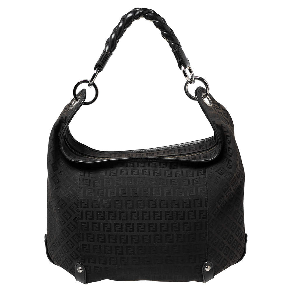 Pre Owned Fendi Black Zucchino Canvas and Leather Forever Hobo