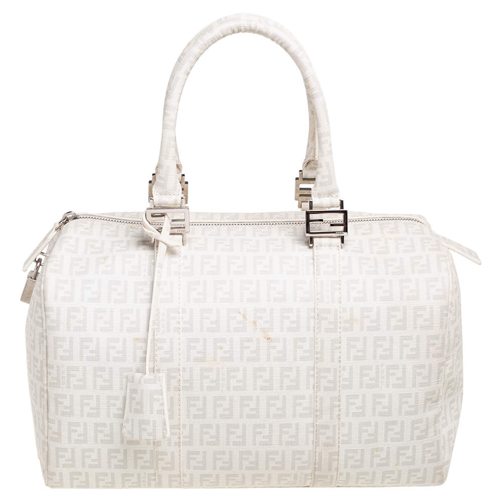 Pre Owned Fendi White Zucchino Coated Canvas Forever Bauletto Boston Bag