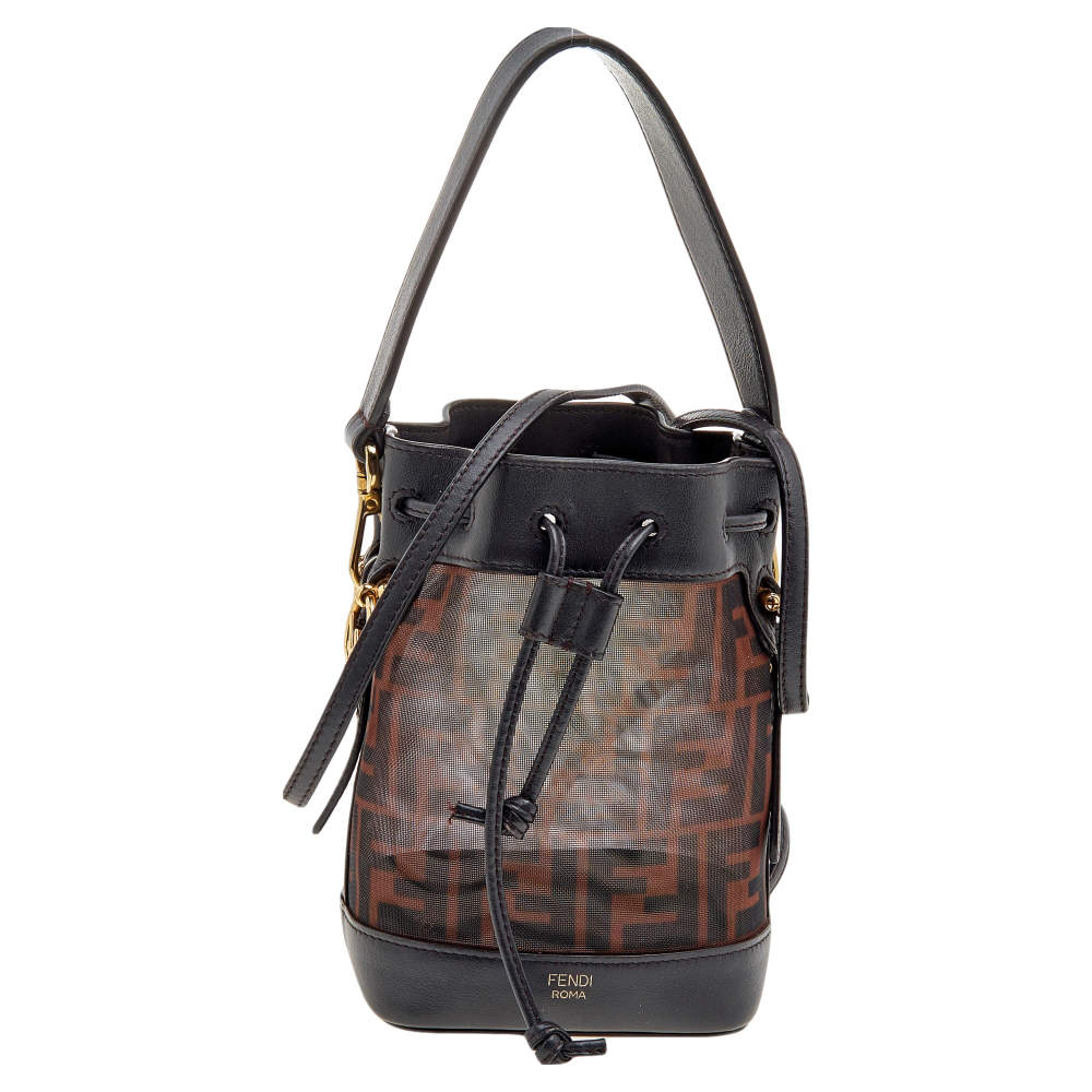 Pre Owned Fendi Brown Zucca Mesh and Leather Mini Mon Tresor Drawstring Bucket Bag 