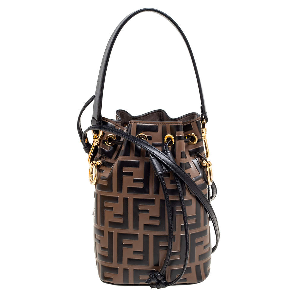 Fendi Brown/Black Zucca Leather Mini Mon Tresor Drawstring Bucket Bag ...